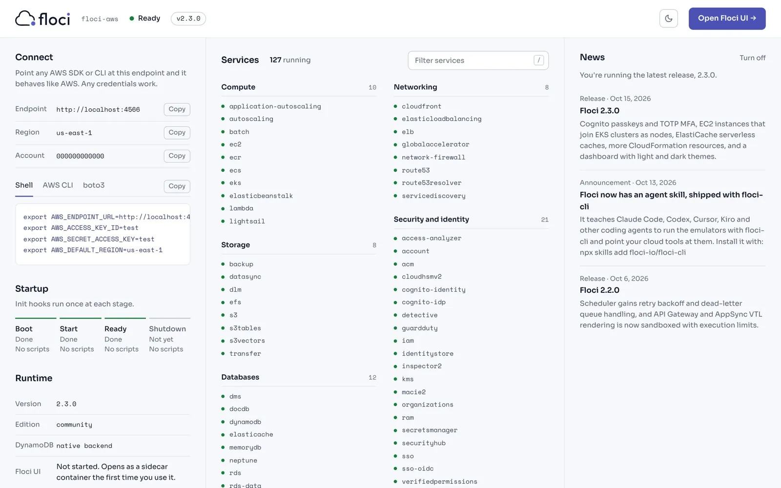 The floci 2.3.0 dashboard in the light theme: connection details and startup stages on the left, running services grouped by category in the middle, and the news column on the right showing the 2.3.0 release